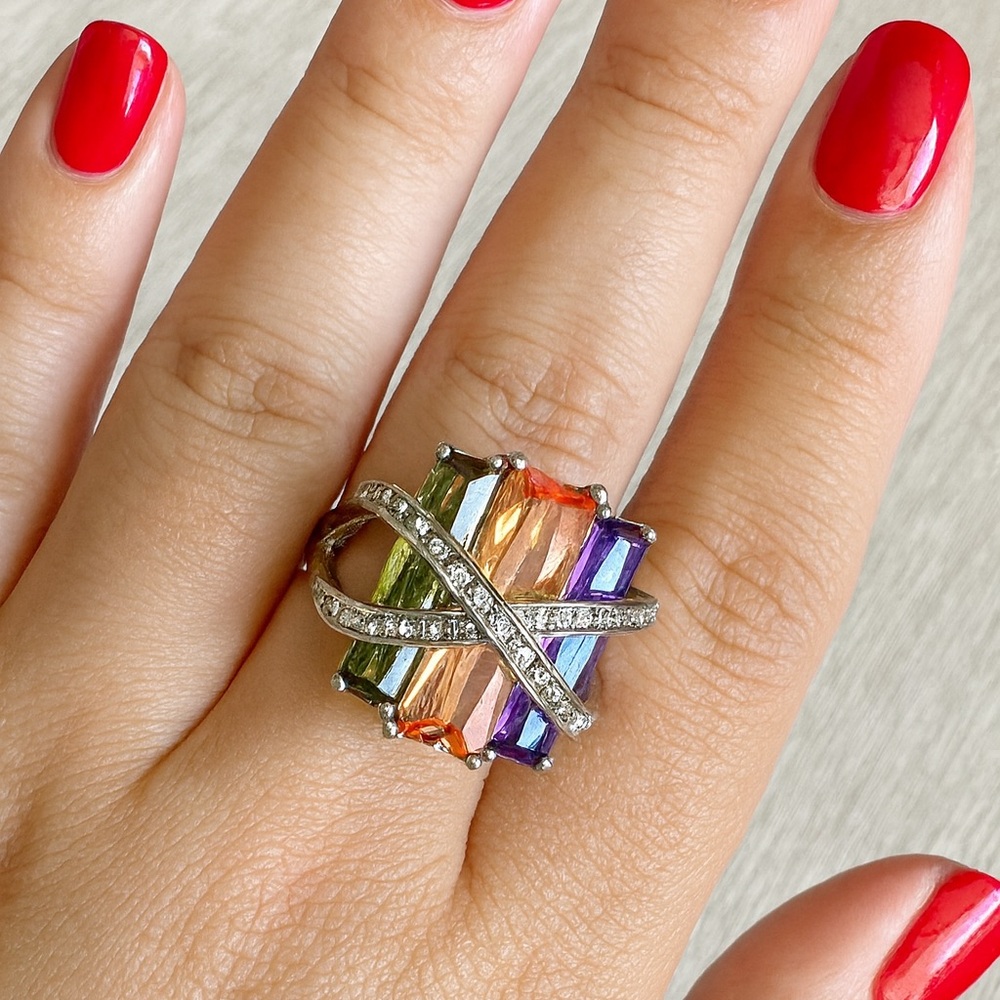 Rainbow Baguette Crystal Cocktail Ring Silver Tone Pavé Statement Glam Size 7